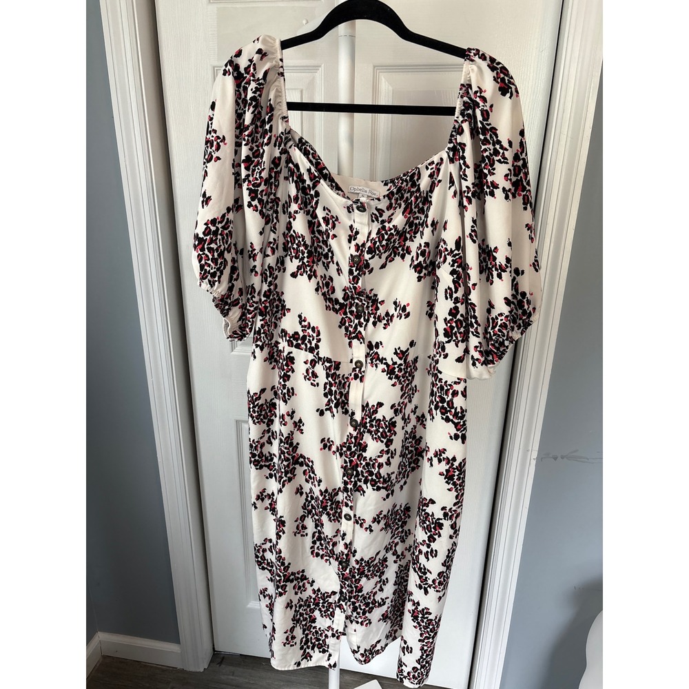 Ophelia Roe Womens 3X White Pink Leopard Print Button Puff Sleeve Midi Dress